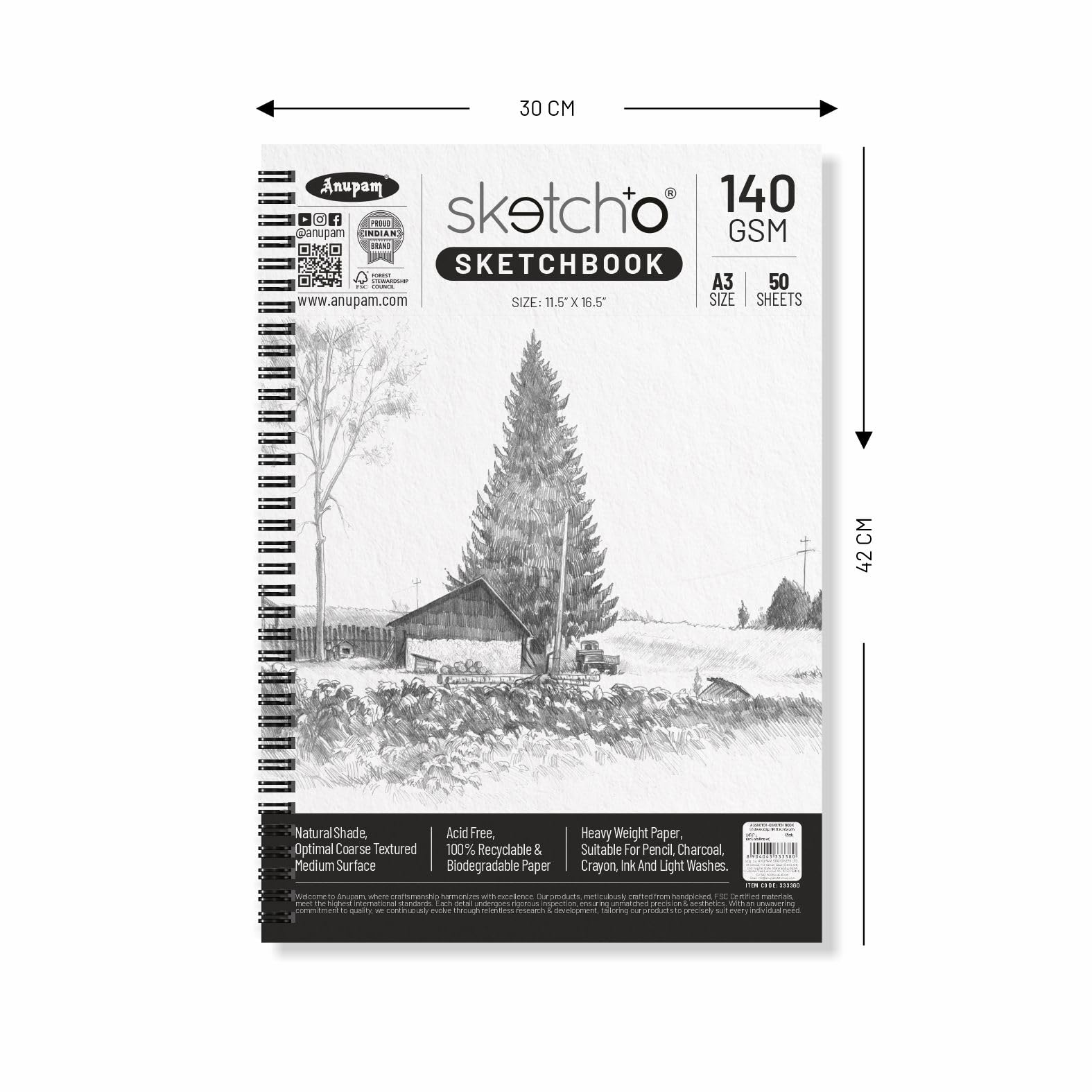 Anupam 100% bawełniana podkładka papierowa akwarelowa - naturalna biel - szorstki papier prasowy - 250 g/m2 - A3