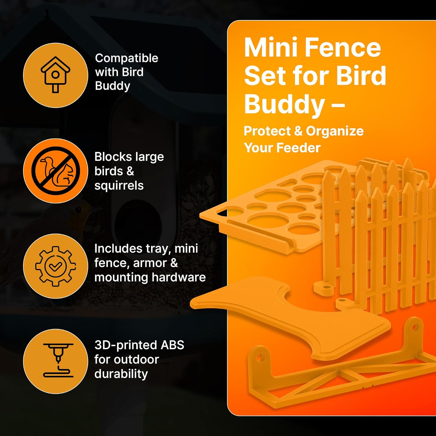 SplashNColor Mini Fence Set Compatible with Bird Buddy – Outdoor Perch for Feeding Multiple Birds - Bird Buddy Accessories - Durable, Weatherproof Feeders for Outdoors - Oriole Orange (Bundle)