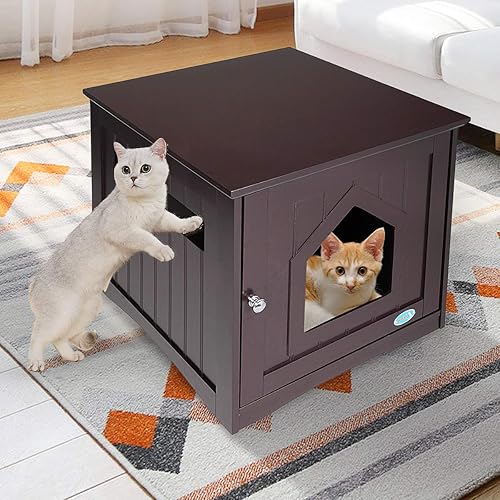 Caja de arena para gatos, casa para gatos y mesa auxiliar con orificios de ventilación, mesita de noche para mascotas para sala de estar, caja de