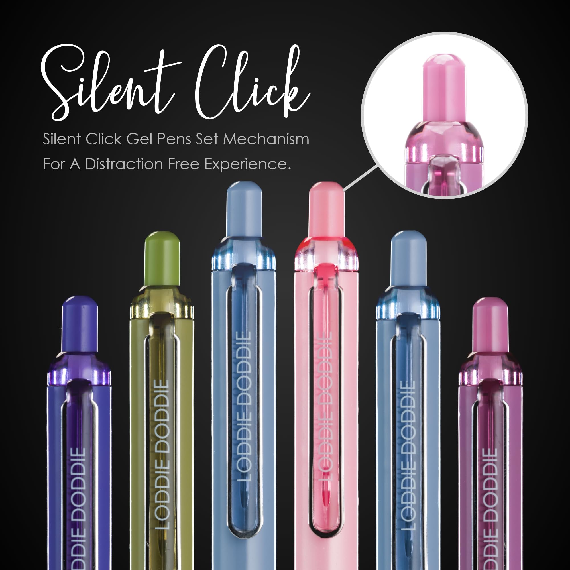Loddie Doddie 6 bolígrafos de gel retráctiles Hush, bolígrafos de gel de punta de 0.5 mm para diario, barriles de colores, clic silencioso, escritura suave, tinta de secado rápido, juego de bolígrafos
