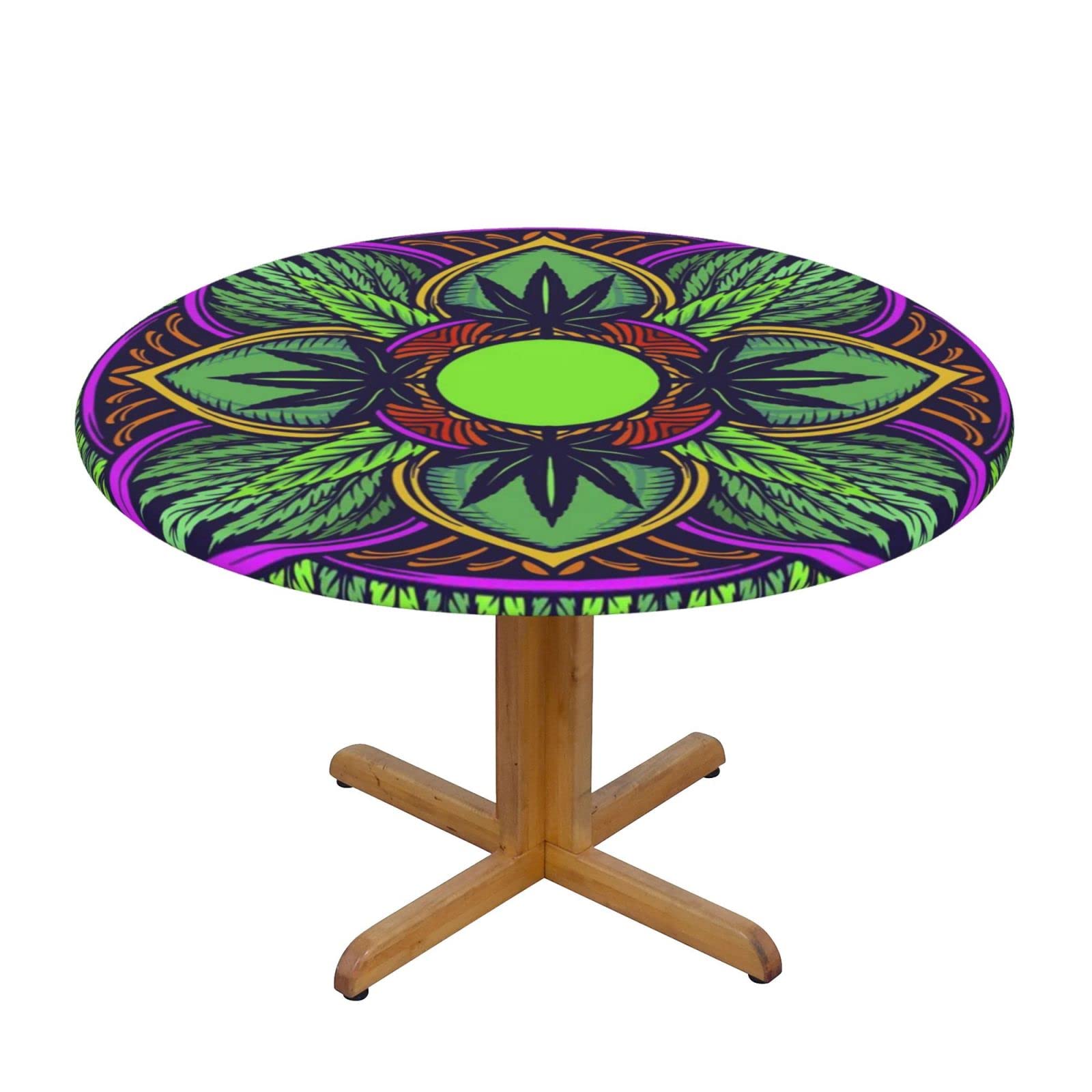 Lsjuee Round Fitted Tablecloth 45-50in Elastic Edged Table Cloth for Kitchen Dining Party Home Decor - Leaf Mandala Trippy Yellow