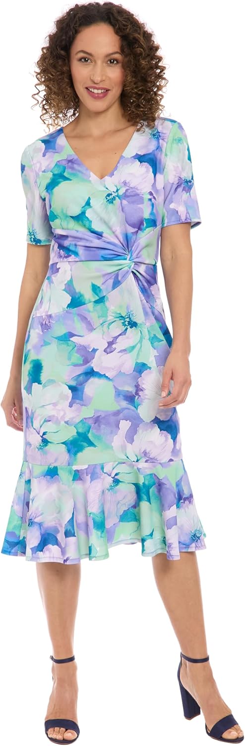 London Times Women's Elegant Midi V-Neck Short Sleeve Twist Waist Flounce Hem-Special Occasion Cocktail Dresses