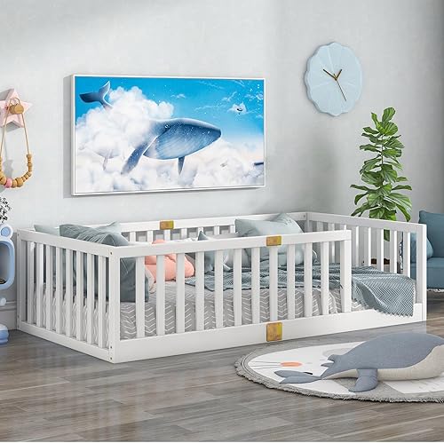 Tatub Cama Montessori de casa individual para niños, cama Montessori con barandillas para niños pequeños, marco de cama con techo, cama de piso de