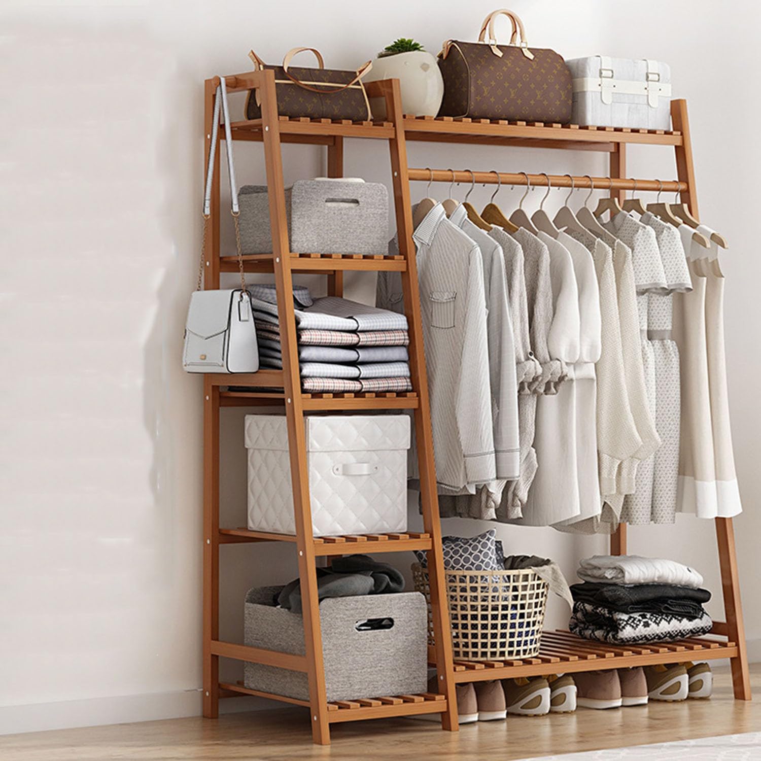 Zffdpqq A Bamboo Clothes Rack,Coat Stand Hanging Rail With Storage Shelves,Portable Closet With Compartments,Portable Garment Freestanding Hanger,Open Wardrobes,For Bedroom Nd Entryway