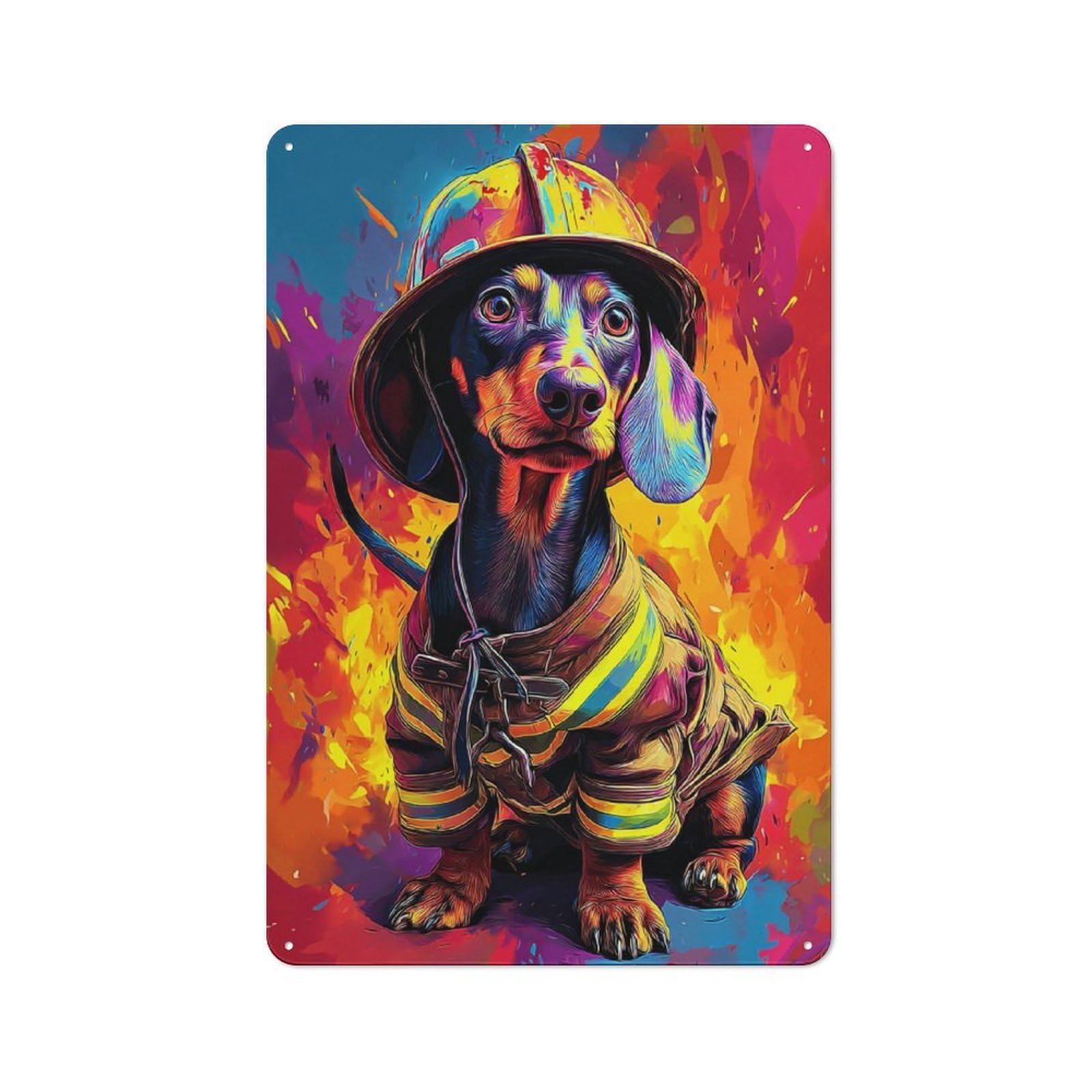 Junmoney Dapper Dachshund Firefighter Vintage Metal Sign With Design 30X20cm, Vintage Bar Wall Plaque For Cafe, Pub, Workshop Or Home Bar