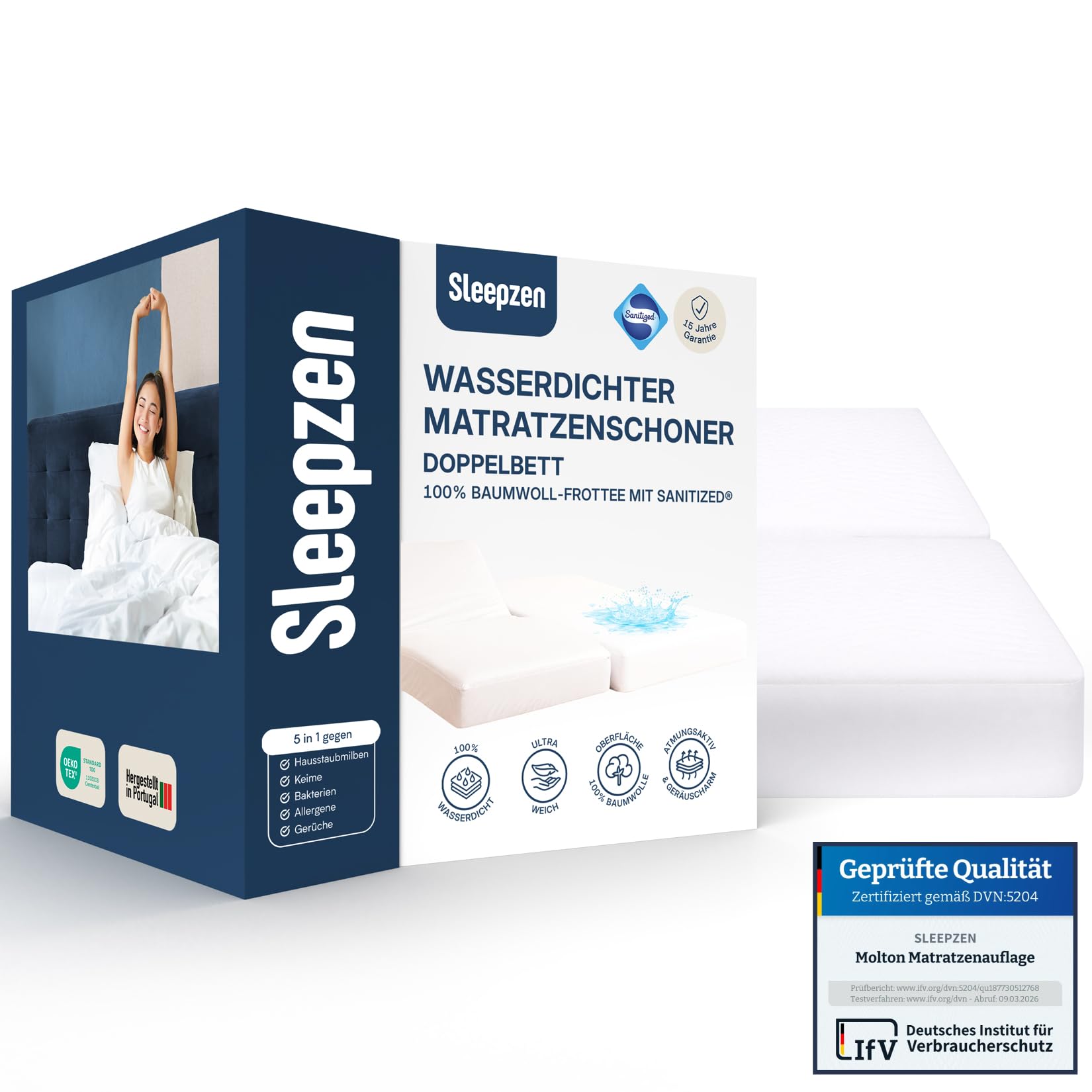 SLEEPZEN Matratzenschoner verstellbares Doppelbett 2x80x200 cm – wasserdicht, atmungsaktiv, geräuschlos – 100% Baumwolle – Sanitized® Milbenschutz – Oeko-Tex® – Made in Portugal