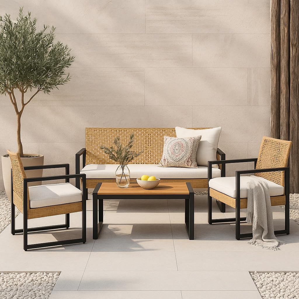 casa.pro Gartenmöbelset Calciano 4-TLG. Balkonmöbel Tisch mit Bank und 2 Stühlen Outdoor Sitzgarnitur Polsterkissen Lounge Möbel Rattan-Optik wetterfest