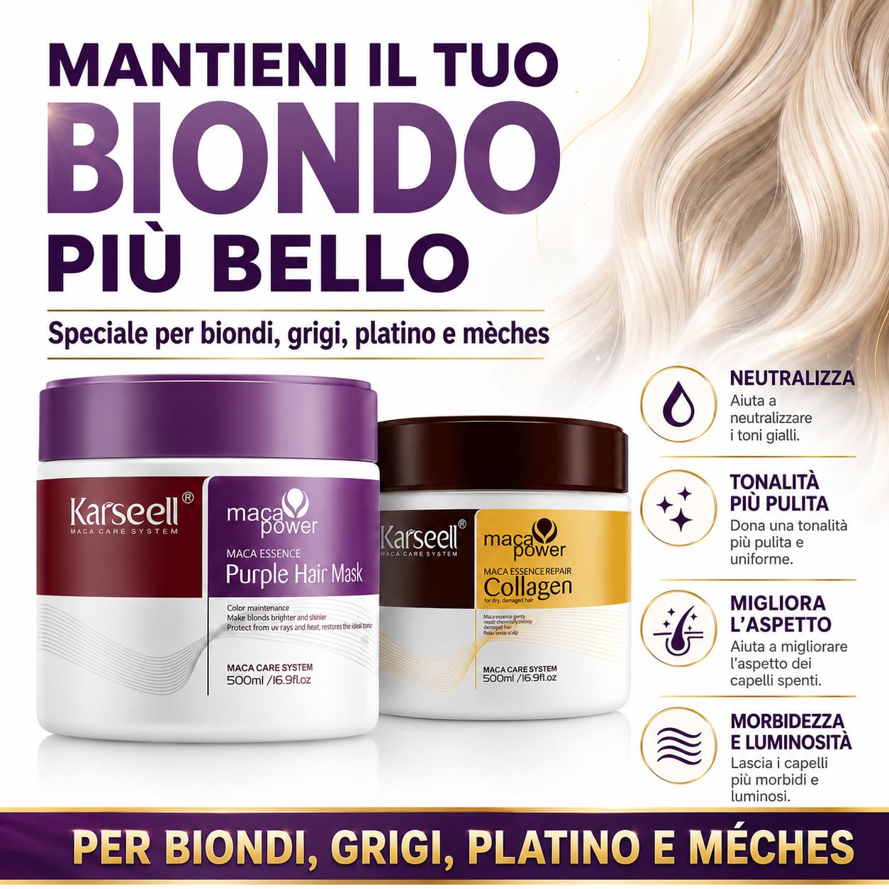 Karseell MACA CARE SYSTEM Set Maschera Capillare Collagene Idratante Nutriente + Maschera Viola Antigiallo Tonalizzante Capelli Secchi Danneggiati Biondi Grigi Bianchi Tinti Senza Solfati 2 x 500ml