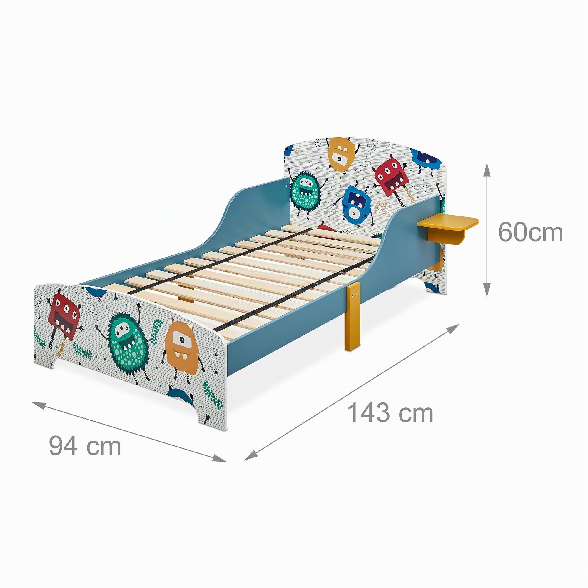 Relaxdays Kinderbett kleine Monster, Rausfallschutz, HBT 60x94x143 cm, Lattenrost, Kleinkindbett, Ablage, MDF, blau/weiß