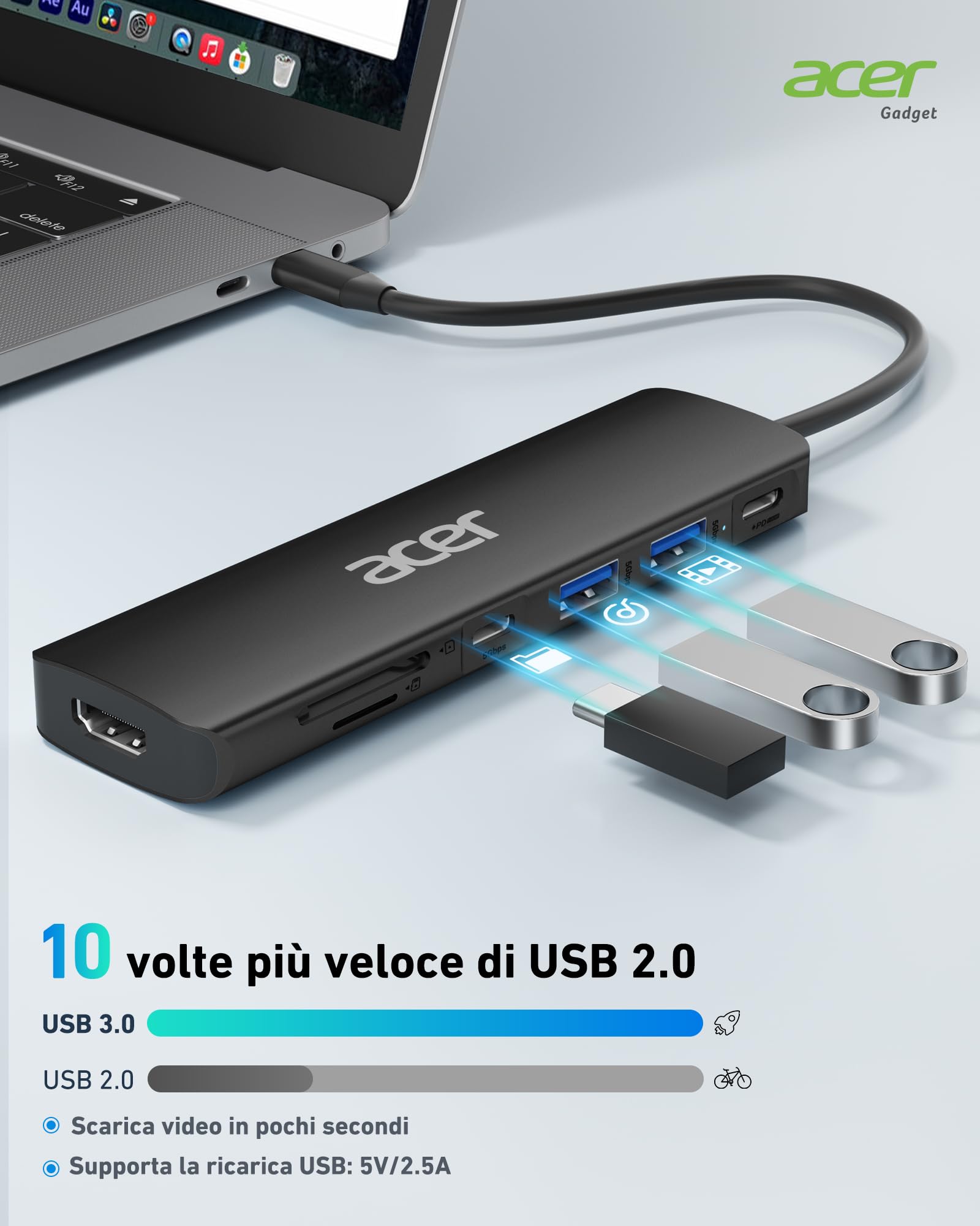 Acer Hub USB C 7 in 1, USB C Adattatore con 4K HDMI, 2 USB-A 3.0 5Gbps, PD 100W, Lettore Schede SD/TF, Sdoppiatore Multi USB per Computer/MacBook Pro Air/iPad/iPhone 15/Surface/Steam Deck (Nero)