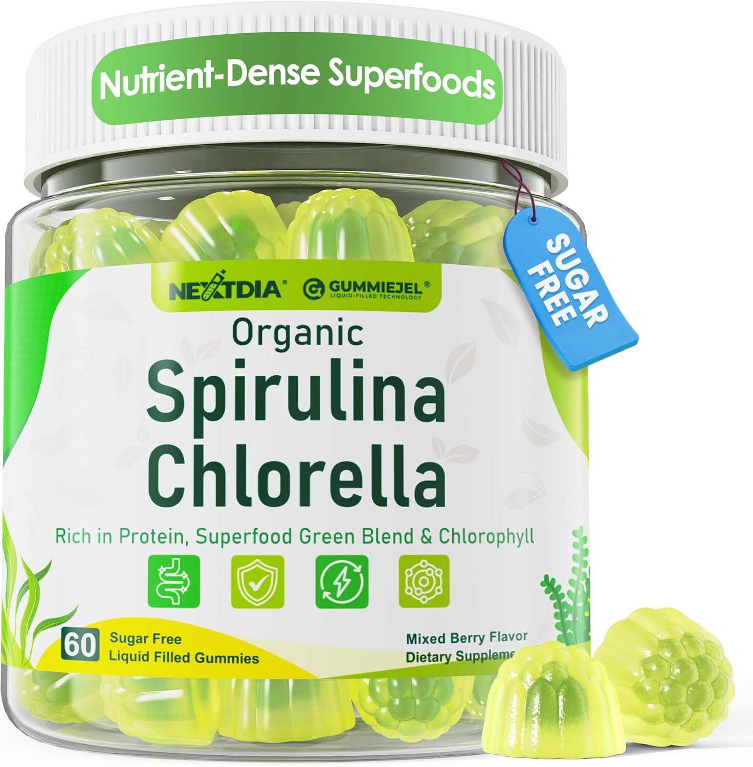 Organic Spirulina + Chlorella Gummies, High in Vegan Protein, Chlorophyll, Nutrient Dense Green-Blue Algae +Super Greens, Vitamin C, D3, Zinc, B12 for Daily Energy, Cleanse, Antioxidant, Immune, 60Cts