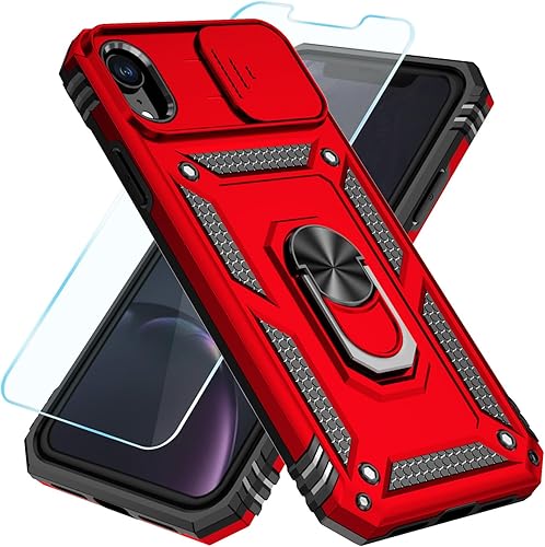 SunStory Funda compatible con iPhone XR con protector de pantalla HD, cubierta de cámara deslizante y soporte de anillo giratorio, grado militar