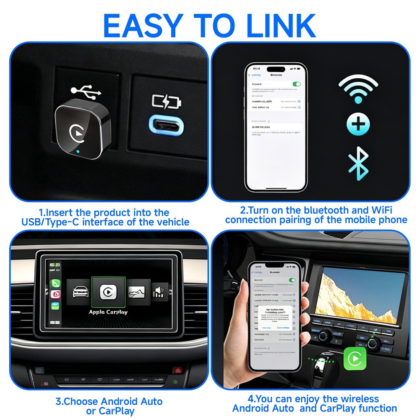 Adaptateur pour CarPlay et Android Auto sans Fil 2 en 1, Plug & Play, Reconnexion Automatique, WiFi 2,4+5,0 GHz Bluetooth 5.0, Dongle USB C/A Compatible avec Voitures (2016+) et iOS 10+/Android 11+