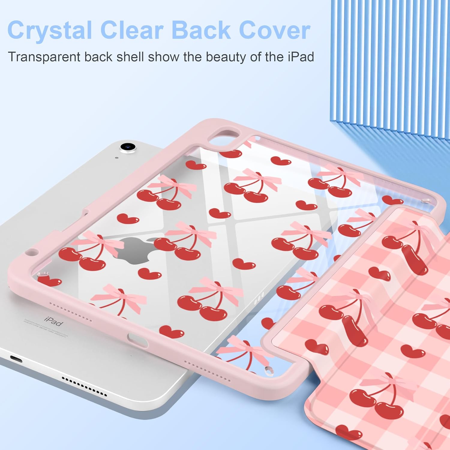 MecBevia Case for iPad 11 inch A16 (2025 11th Generation) / iPad 10.9 inch (2022 10th Gen) A3354, A3355, A3356, A2696, A2757, A2777 – Built-in Pencil Holder & Auto Wake/Sleep, Pink Cherry Check