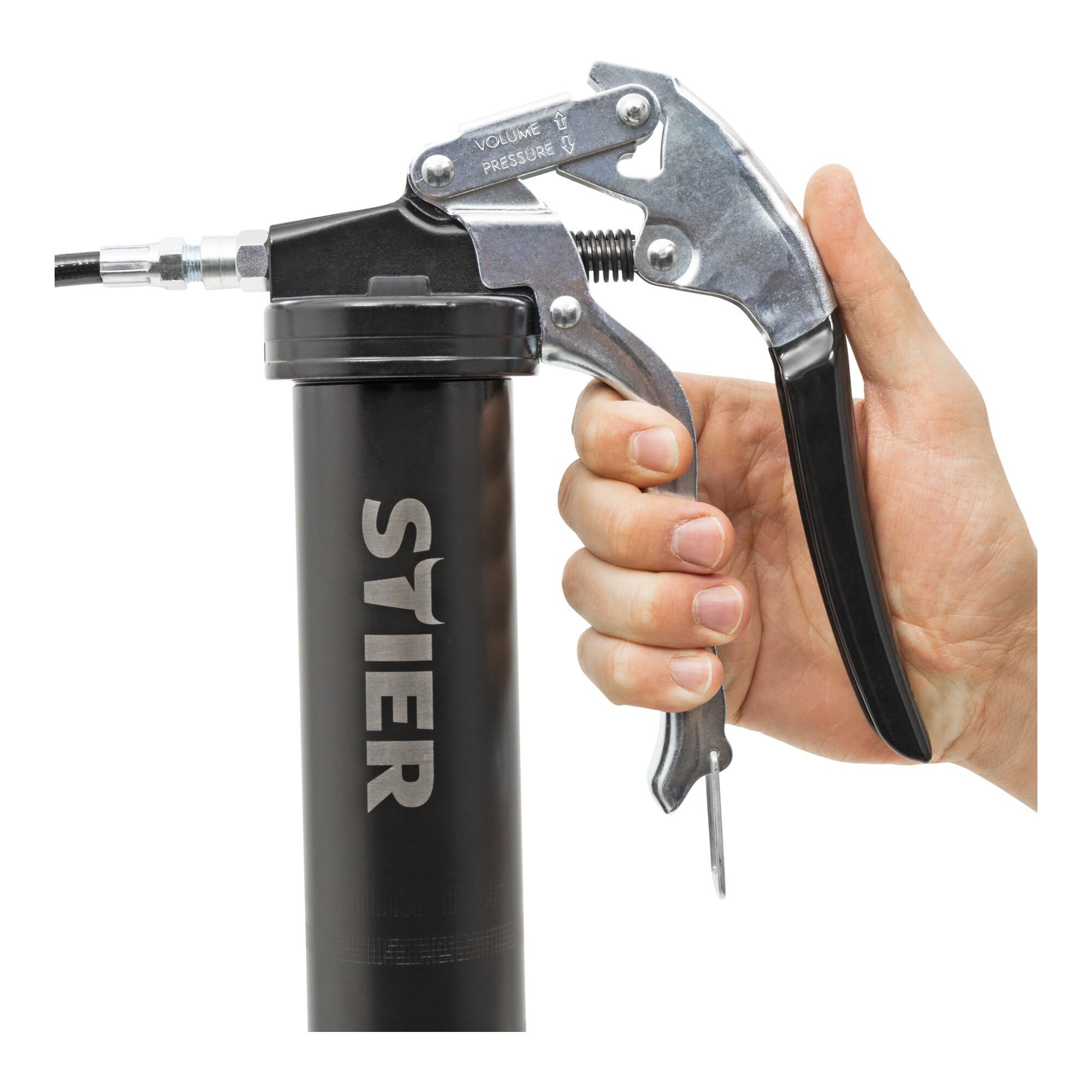 STIER Einhand-Fettpresse mit Nylonschlauch, Arbeitsdruck 410 bar, Kompatibel mit allen gängingen Fettkartuschen, ergonomischer Anti-Rutsch-Pistolengriff, Schmierpresse
