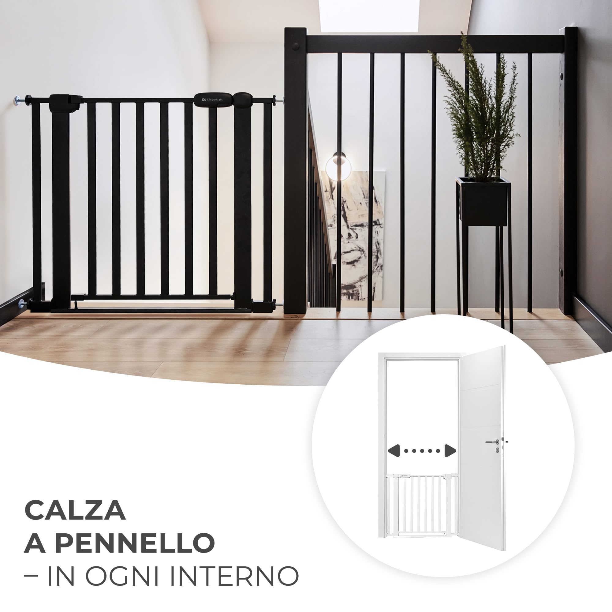 Kinderkraft LOCK&GO Cancelletto di sicurezza da 75-103 cm, Chiude automaticamente di 90 gradi, Doppio dispositivo di sicurezza, Previene di inciampare, Bianco