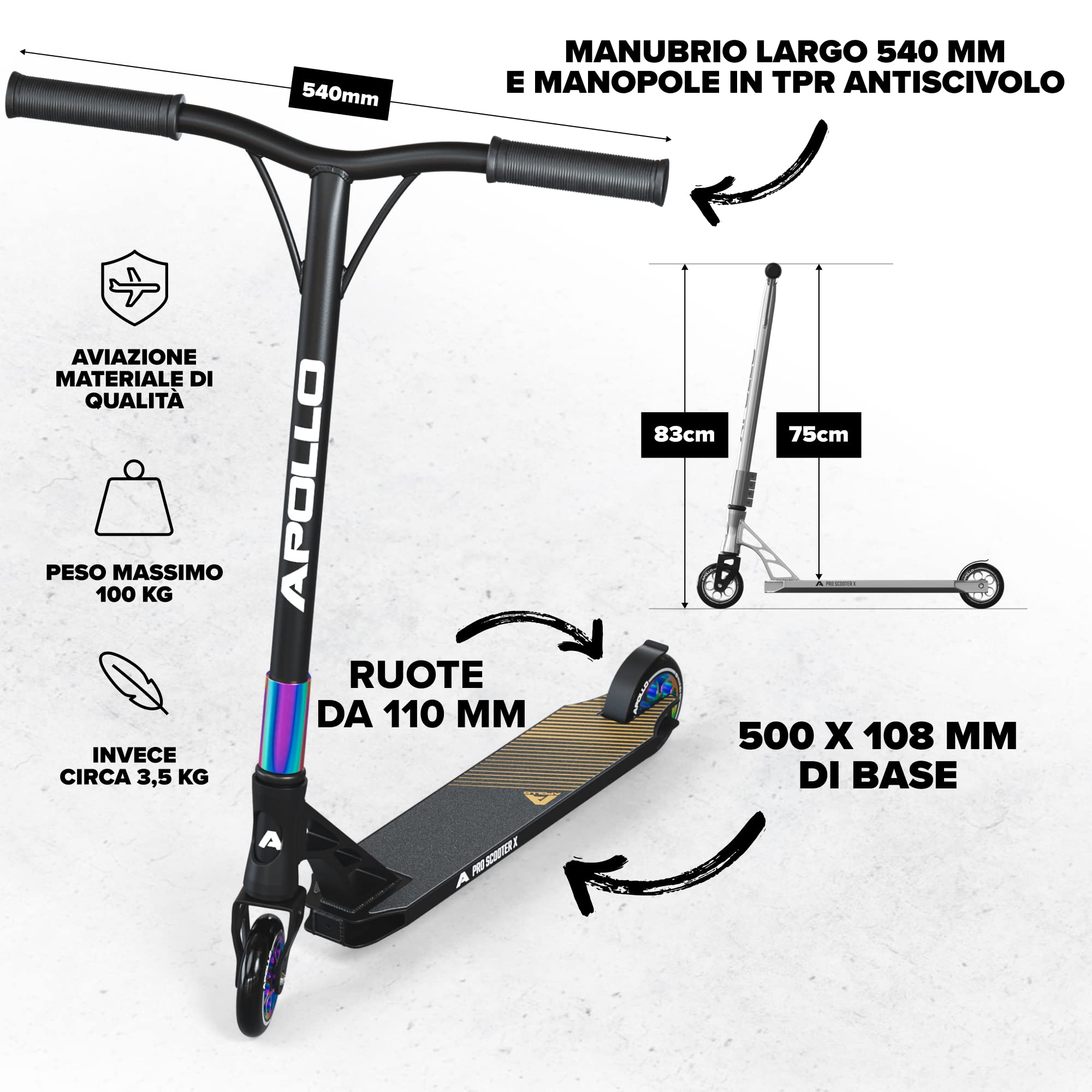 Monopattino Stunt Scooter GENESIS Pro della Apollo - Robusto Monopattino Stuntscooter Pro con cuscinetti a sfera ABEC 9, Funscooter, Kickscooter, Trickscooter, Freestylescooter