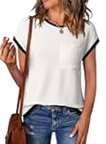 Women's Short Sleeve T Shirts Crewneck Color Block Ribbed Knit Tee Blouses 2025 Trendy Summer Tops