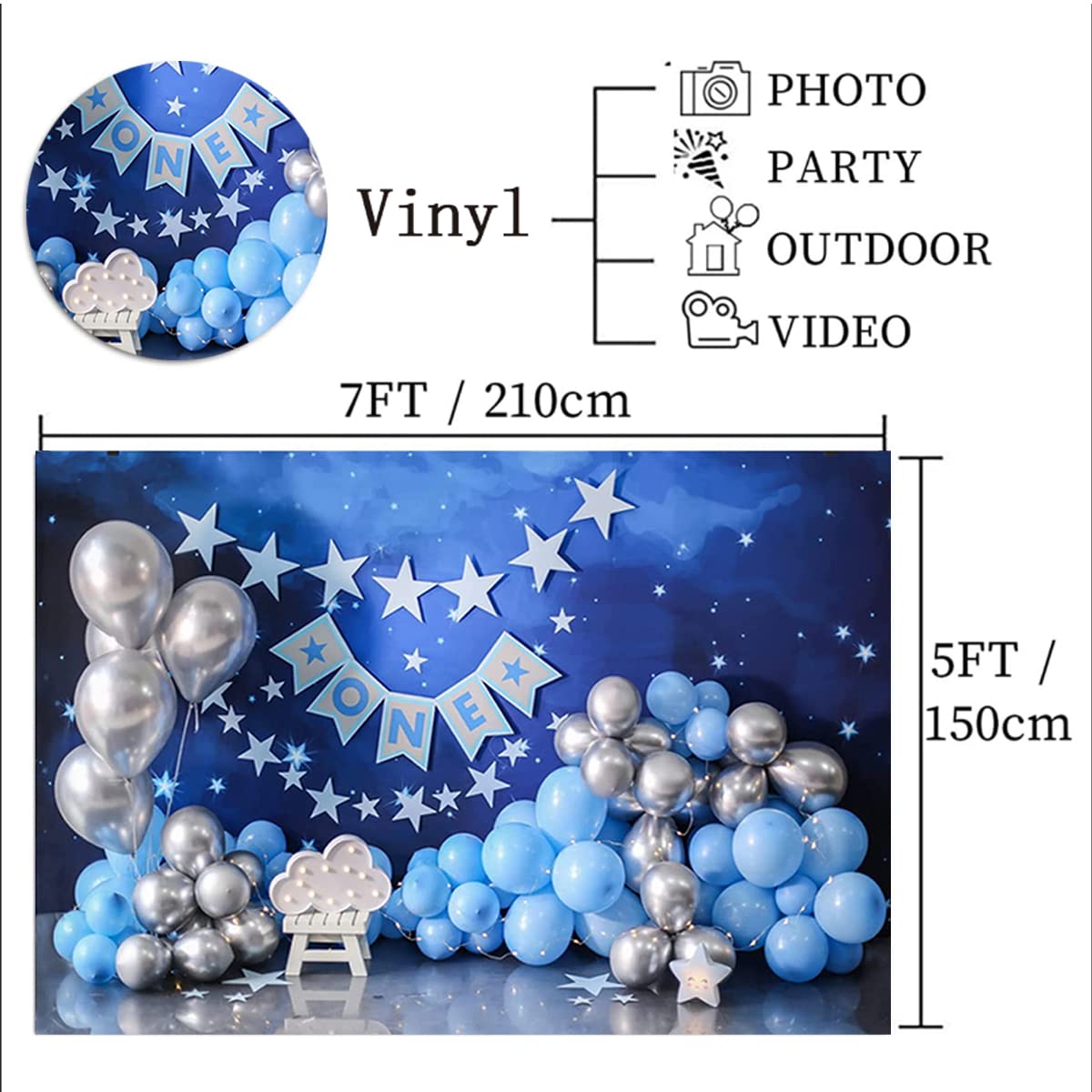 8x6ft First Birthday Backdrop Blue Gold - Baby Boy Photo Background For Cake Smash & Photography