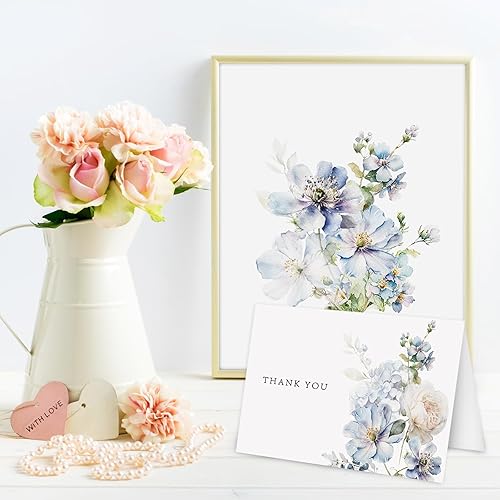 Miniatura 5 de AnyDesign Paquete de 36 tarjetas de agradecimiento florales de acuarela azul polvoriento, tarjetas de felicitación florales con sobres, calcomanías