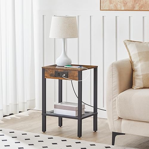 Miniatura 4 de HOOBRO Mesa auxiliar con estación de carga, mesa auxiliar con puertos USB y tomacorriente, mesita de noche con estante de almacenamiento, decoración