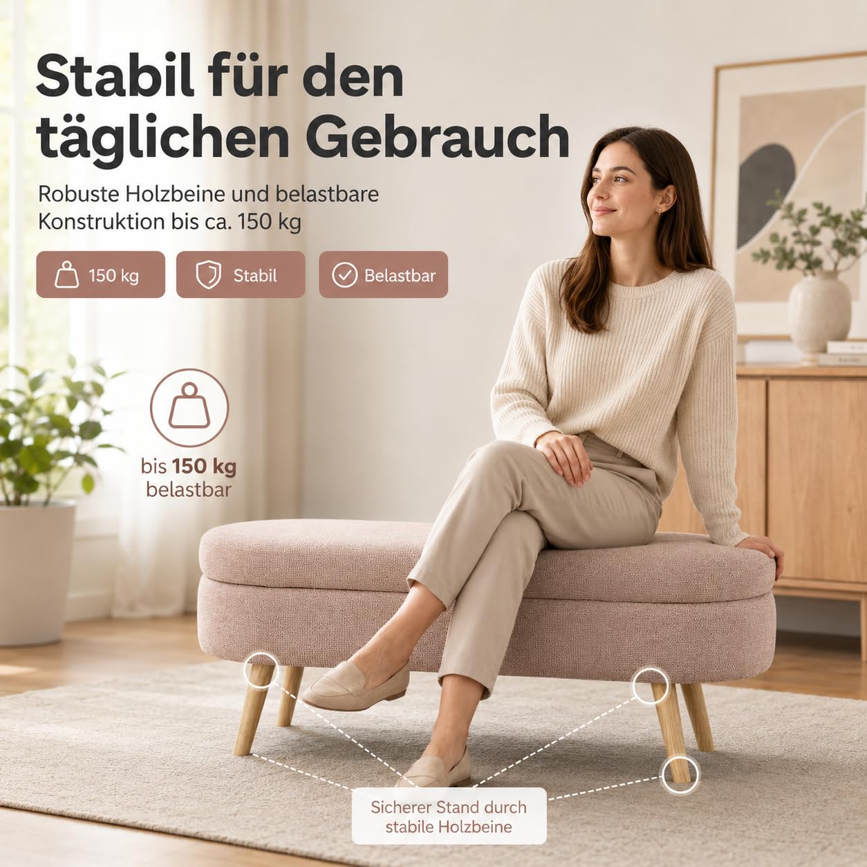 Sitzbank mit Stauraum, Polsterbank 110 cm mit Klappdeckel, Bettbank für Schlafzimmer, Flur & Wohnzimmer, Chenille-Optik,Holzbeine, bis 150 kg belastbar (Rosa)
