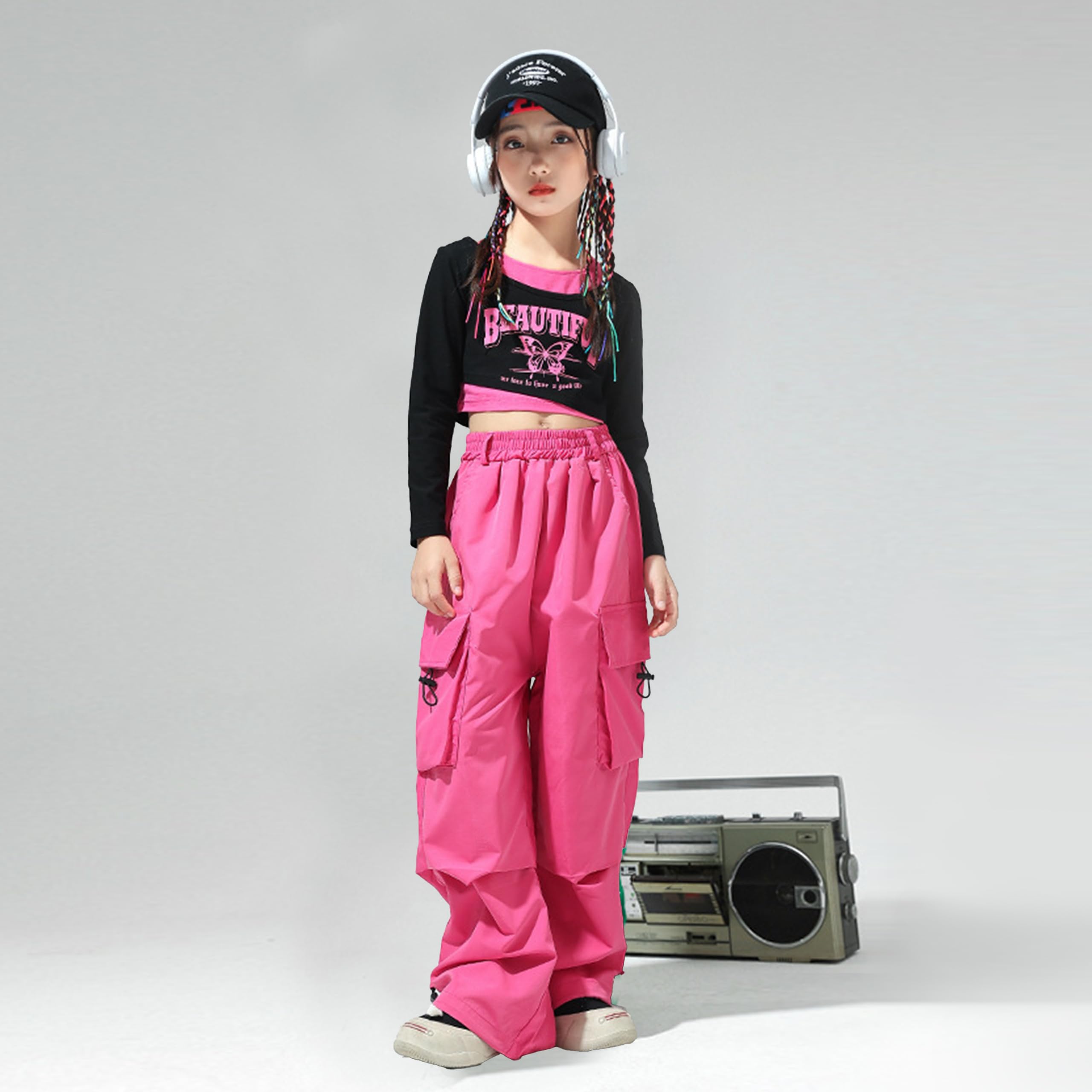 LOLANTA Ragazze Hip Hop Outfit, Top Corto Stampato & Pantaloni Cargo Dance Set, Streetwear alla Moda, 6-13 Anni