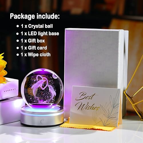 Miniatura 6 de Figura de bola de delfines 3D de cristal de 3.15 pulgadas, regalos para mujeres, arte de animales de cristal coleccionable para habitación con base