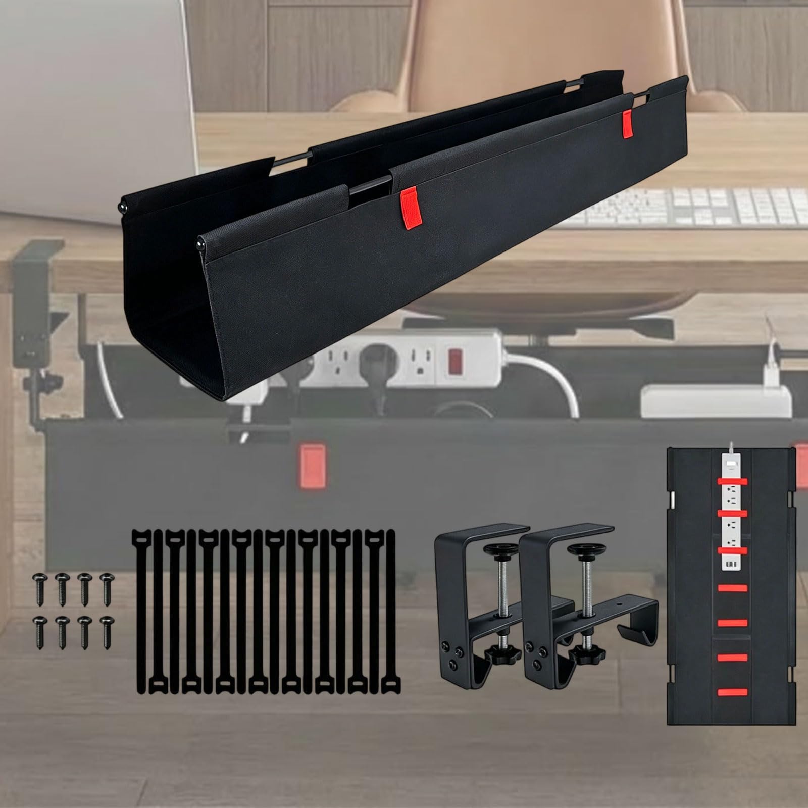 Grand plateau de rangement sous table de 90 cm pour ranger plusieurs câbles, chargeurs, multiprises