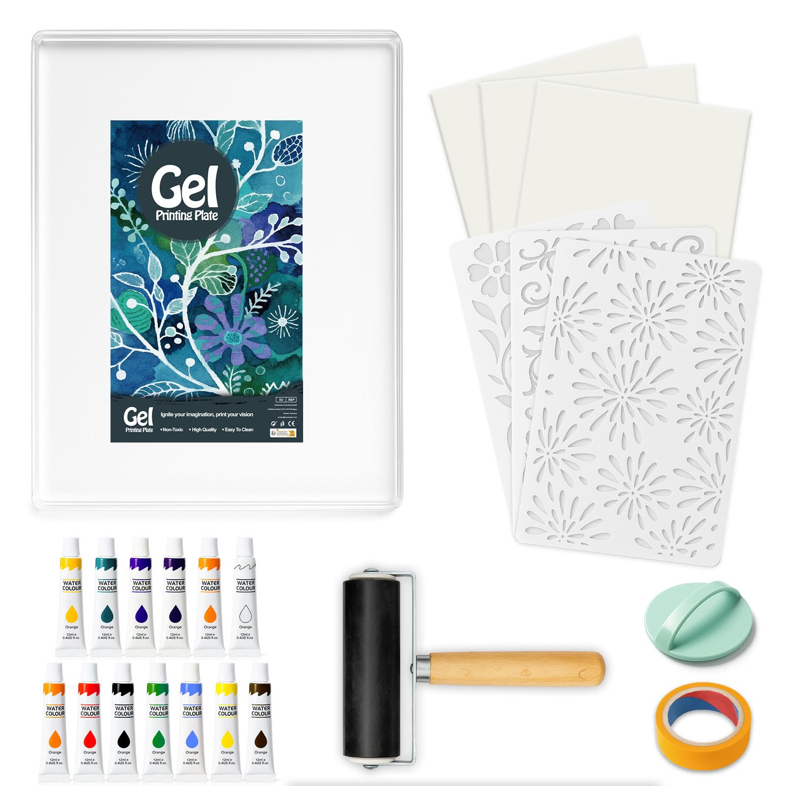 8 x 10 Zoll Gel Druckplatte Set, Set mit Geldruck, Gummirolle, Aquarellfarben, Schablonen, Druckpapier, Geeignet für Kartenherstellung, Kunsthandwerk, Scrapbooking, Tagebuch