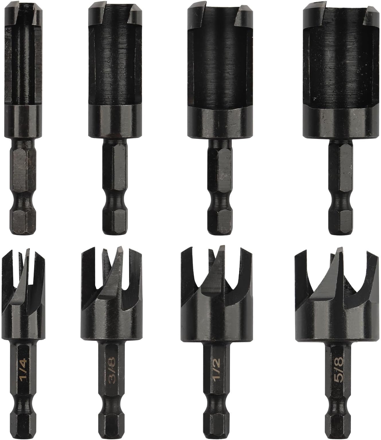 Rocaris 8 Pack Wood Plug Cutter Drill Bit Set, Straight and Tapered Taper Cutting Tool 1/4", 5/8", 3/8", 1/2", 1/4 Inch Hex Shank, Black