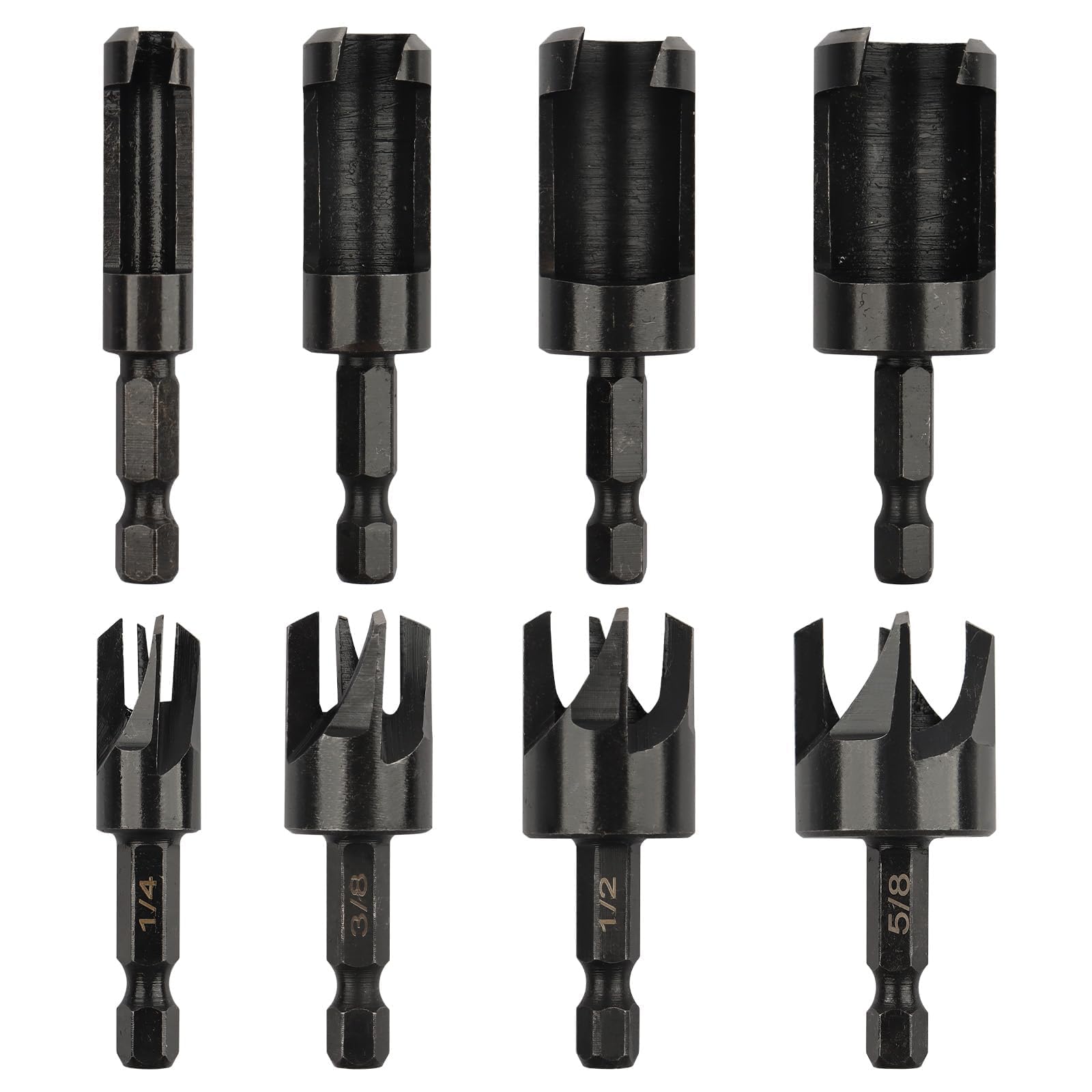 Rocaris 8 Pack Wood Plug Cutter Drill Bit Set, Straight and Tapered Taper Cutting Tool 1/4", 5/8", 3/8", 1/2", 1/4 Inch Hex Shank, Black