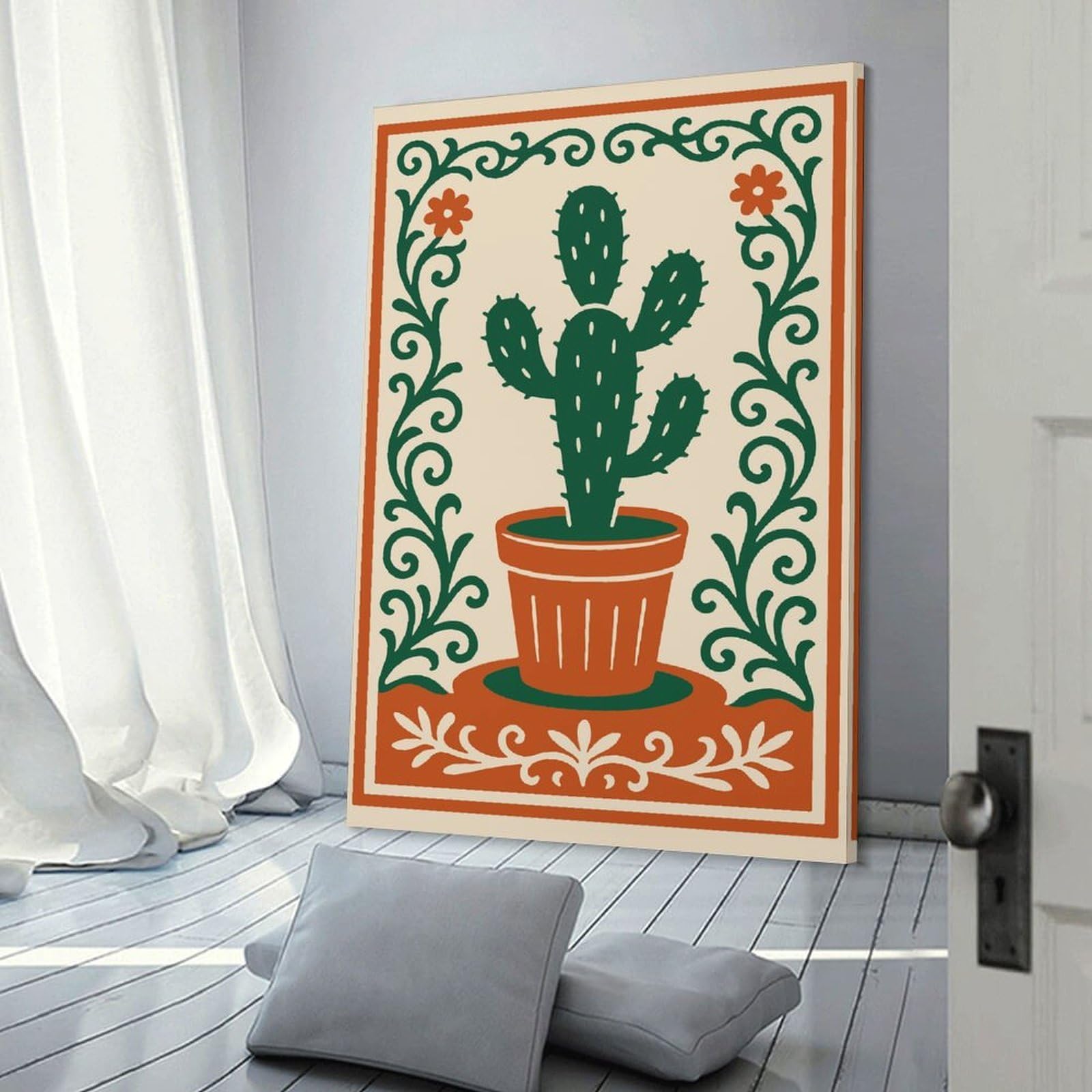 Junmoney Decorative Canvas Print Cactus in Pot with Floral Border, 24x36inch(60x90cm), for Office, Study Or Home Workspace, Decorative Artwork for Productive Spaces