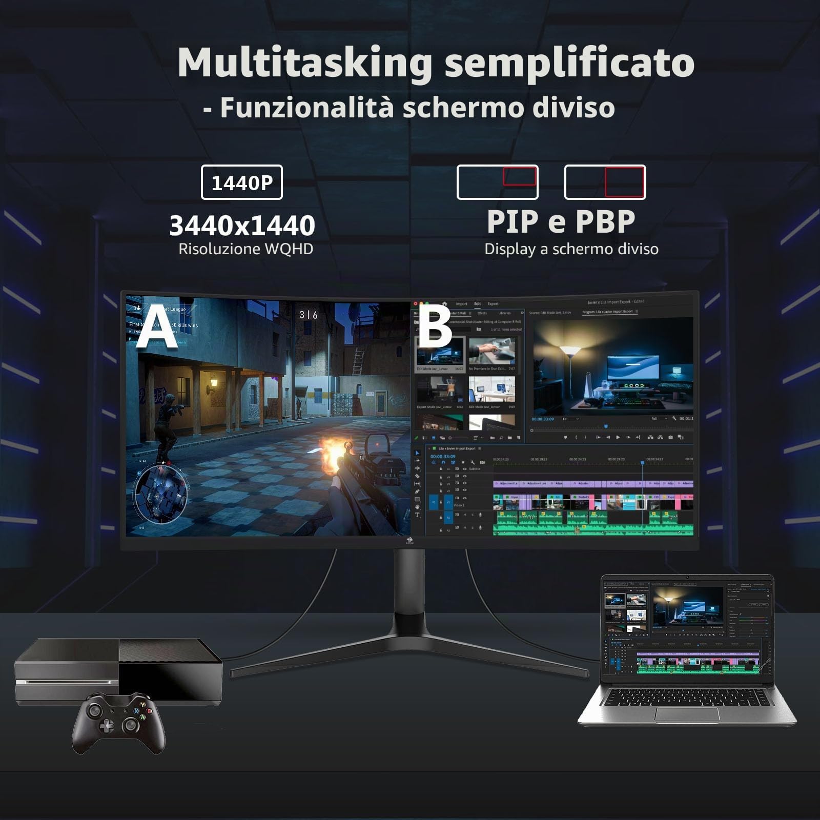 Z-Edge Monitor curvo 34 pollici, 165 Hz, 3440x1440, 1 ms MPRT, regolabile in altezza e inclinazione, schermo ultrawide 21:9, FreeSync, pannello VA 1500R, 2* HDMI 2.0 e 2* DP 1.4, RGB, VESA 100*100mm