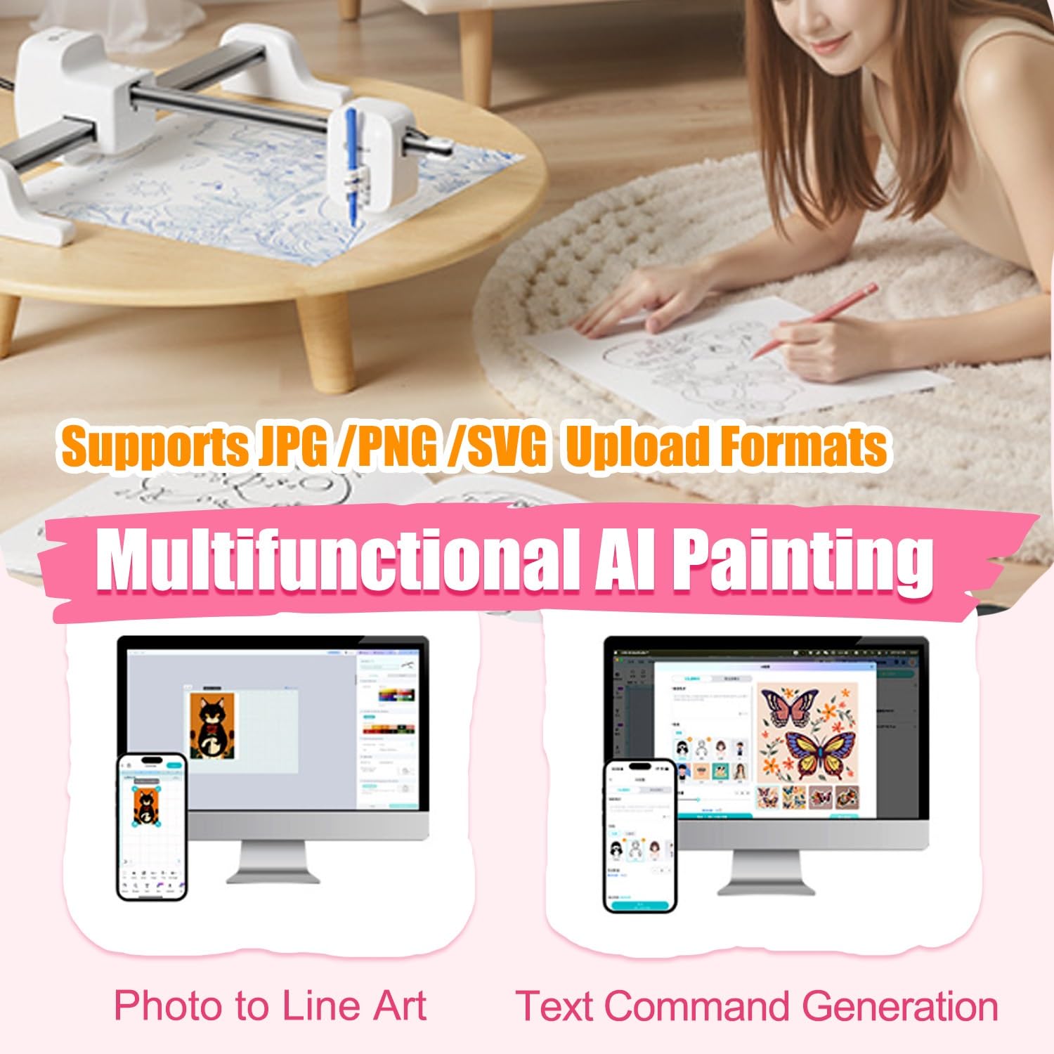 Kit de dibujo digital portátil, máquina de dibujo automático para pósteres | Máximo Tamaño A3, Más De 500 Estilos Artísticos, Compatible Con Mac/Windows/iOS/Android, Para Principiantes(White)