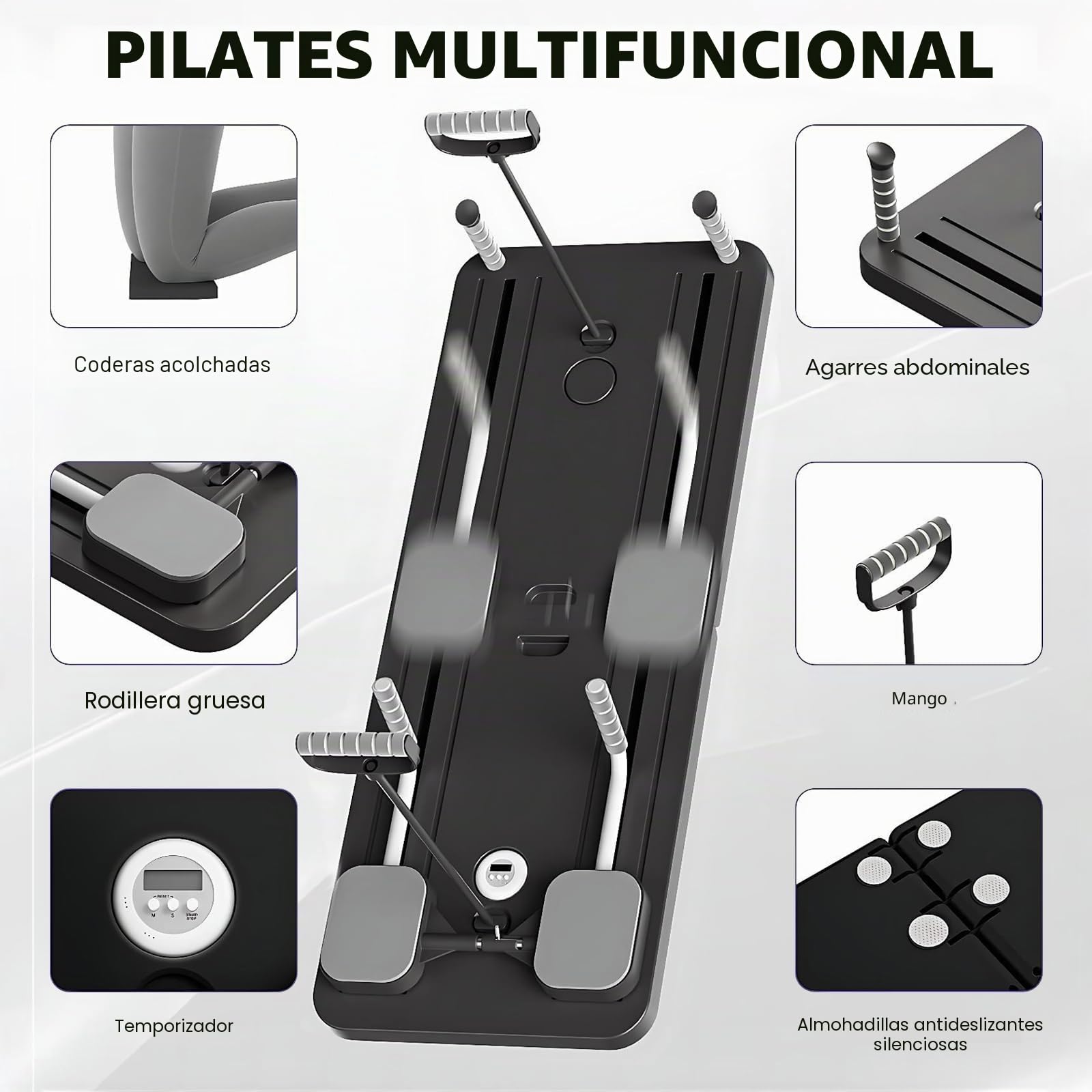 VHV Pilates Reformar Compacto, 5 en 1 Pilates Plegable,La rueda abdominal push-up rebota automáticamente temporizador, Ab Roller Fitness Material para el hogar y el gimnasio