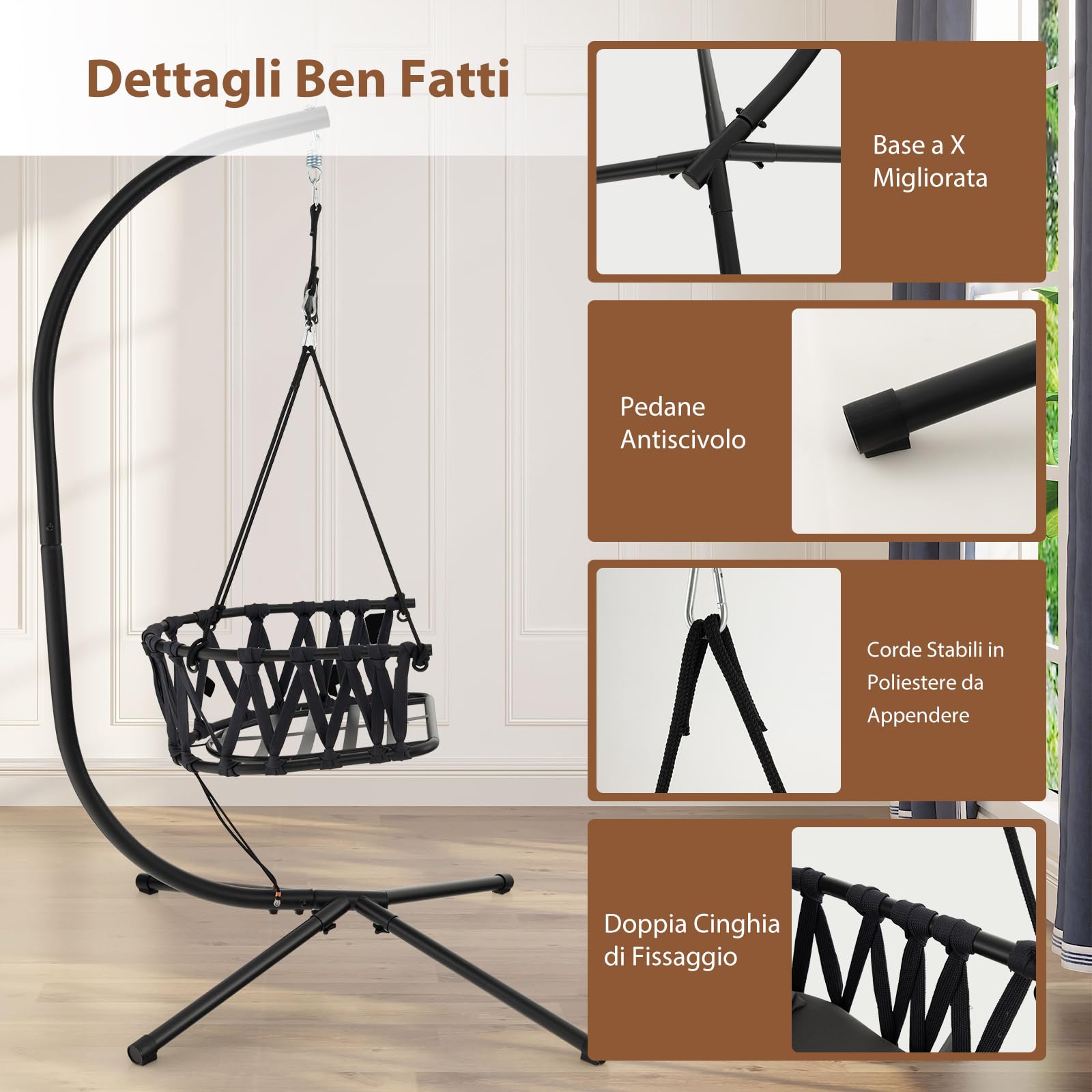 COSTWAY Sedia Sospesa Pieghevole con Supporto, Poltrona Sospesa Corda con Cuscini per Seduta e Schienale, Telaio in Metallo, Sedia Amaca per Interno, Esterno, Balcone e Giardino, Portata 150 kg