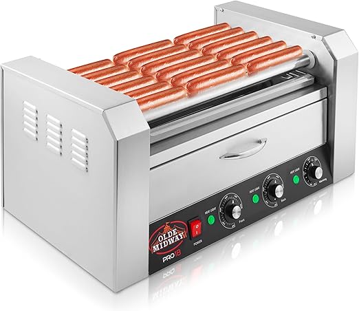 Olde Midway Electric 18 Hot Dog 7 Roller Grill Cooker Machine with Bun Warming Drawer - Commercial Grade, Stainless Steel
