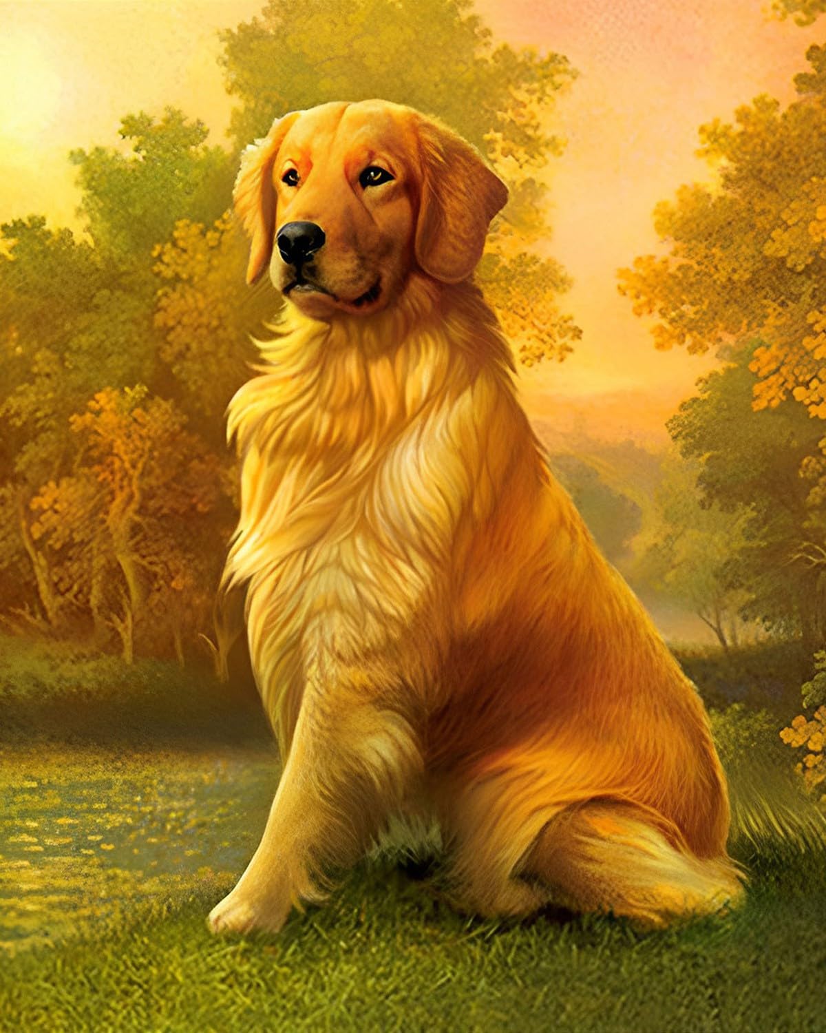 WANGXIAO Paint by Numbers,DIY Oil Painting Kit for Adults Beginner,with Paint Brushes and Acrylic Pigment，16 x 20 inch，Golden Retriever on The Grass,Frameless