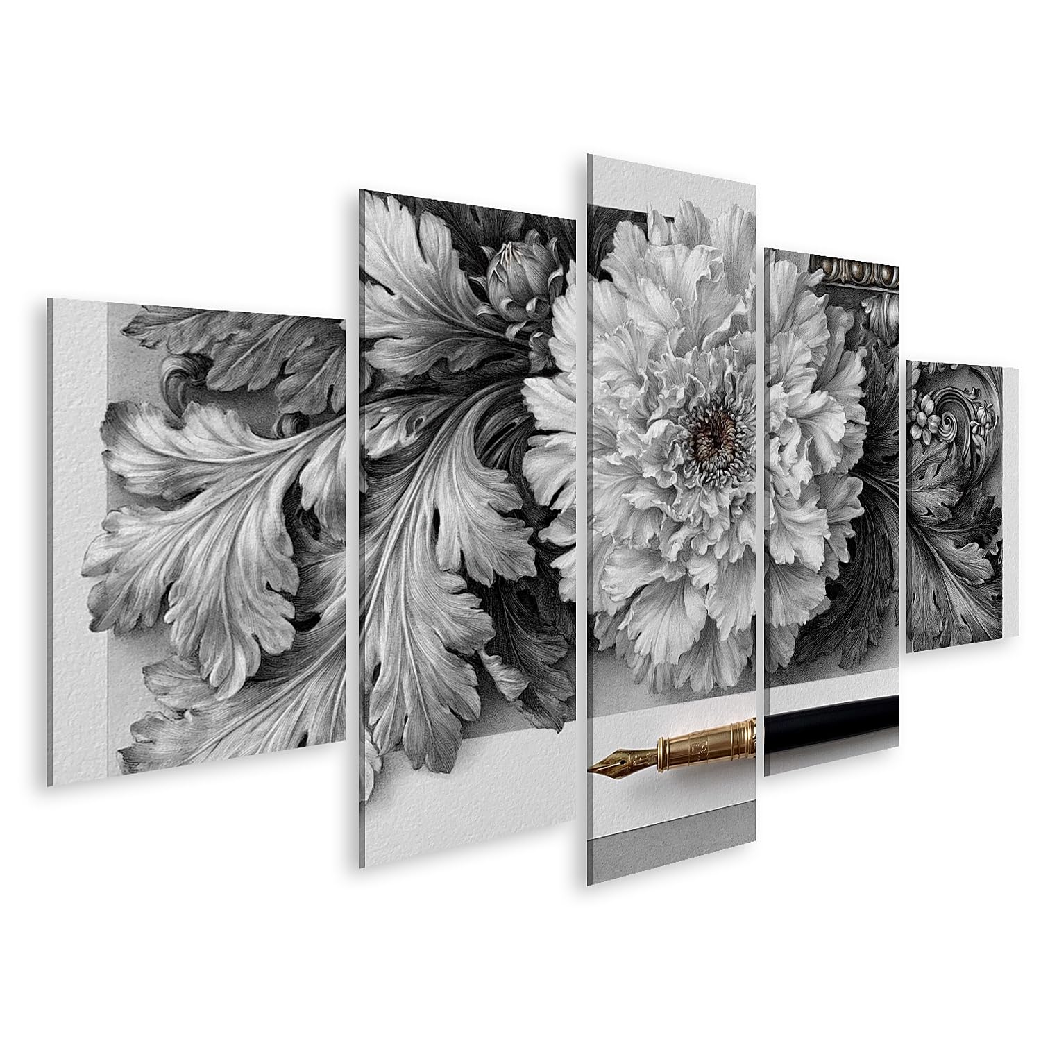 islandburner Bild auf Leinwand Eleganter Floraler Tinten-Kunstdruck für Wohnzimmer - Ideal für Kunstliebhaber - 5-teilig
