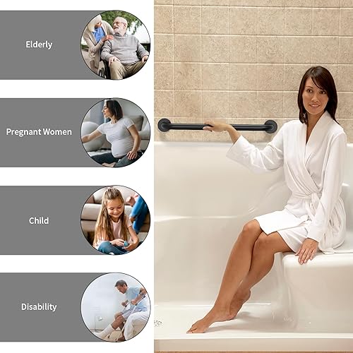 Miniatura 4 de ZUEXT - Paquete de 2 barras de agarre para ducha de 24 pulgadas de color negro mate, 1.5 pulgadas de diámetro, mango de barra de agarre de baño de