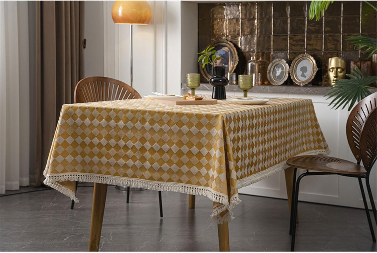 Geometric Tablecloth Checkered Jacquard Tassels Rectangular Tablecloth Coffee Table Cloth,A,140 * 180cm
