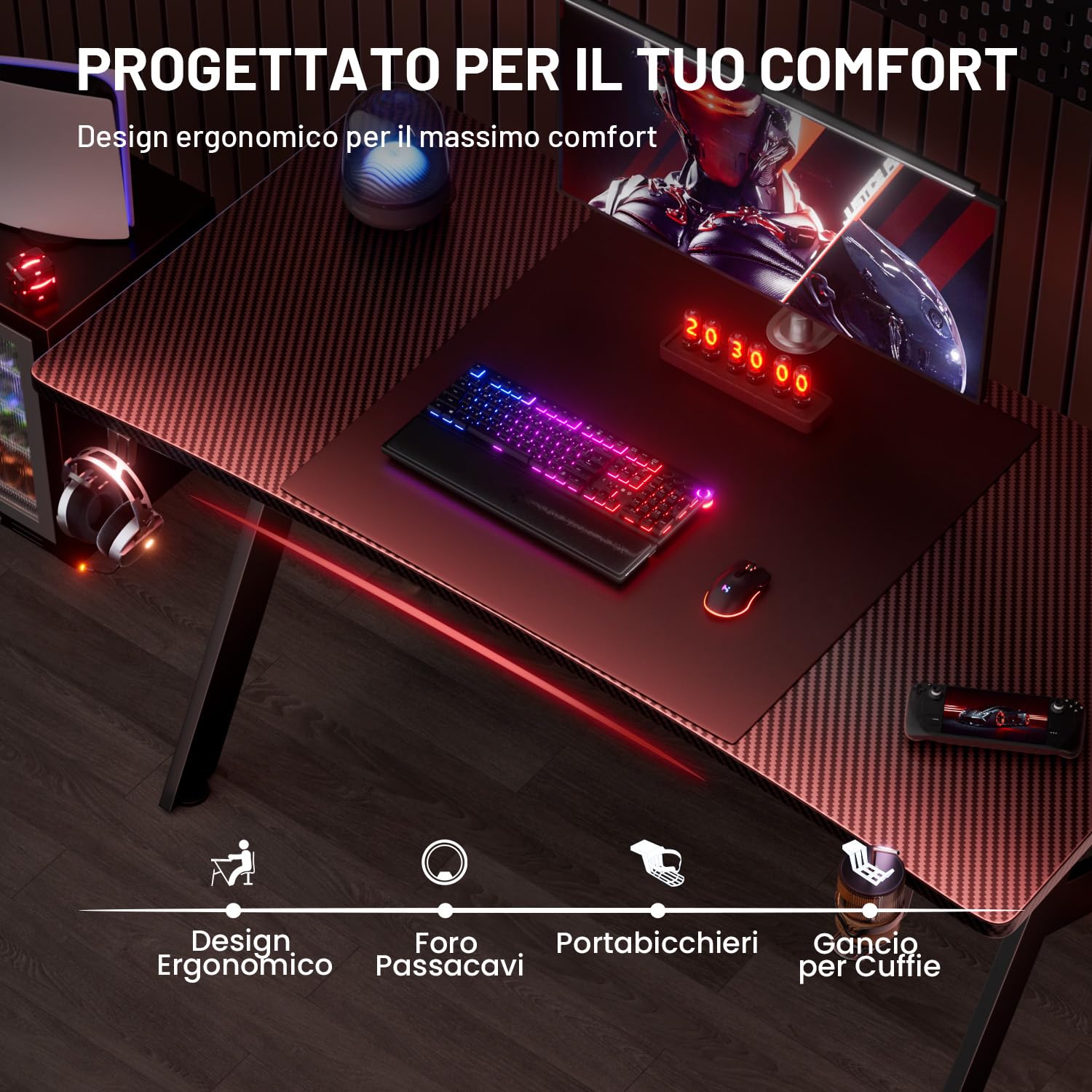 HLFURNIEU Scrivania Gaming Ergonomica, 120 x 60 cm Tavolo da Computer, Scrivania Gamer con Porta Bicchiere e Gancio per Cuffie, Piano del Tavolo in Fibra di Carbonio Impermeabile, Nero