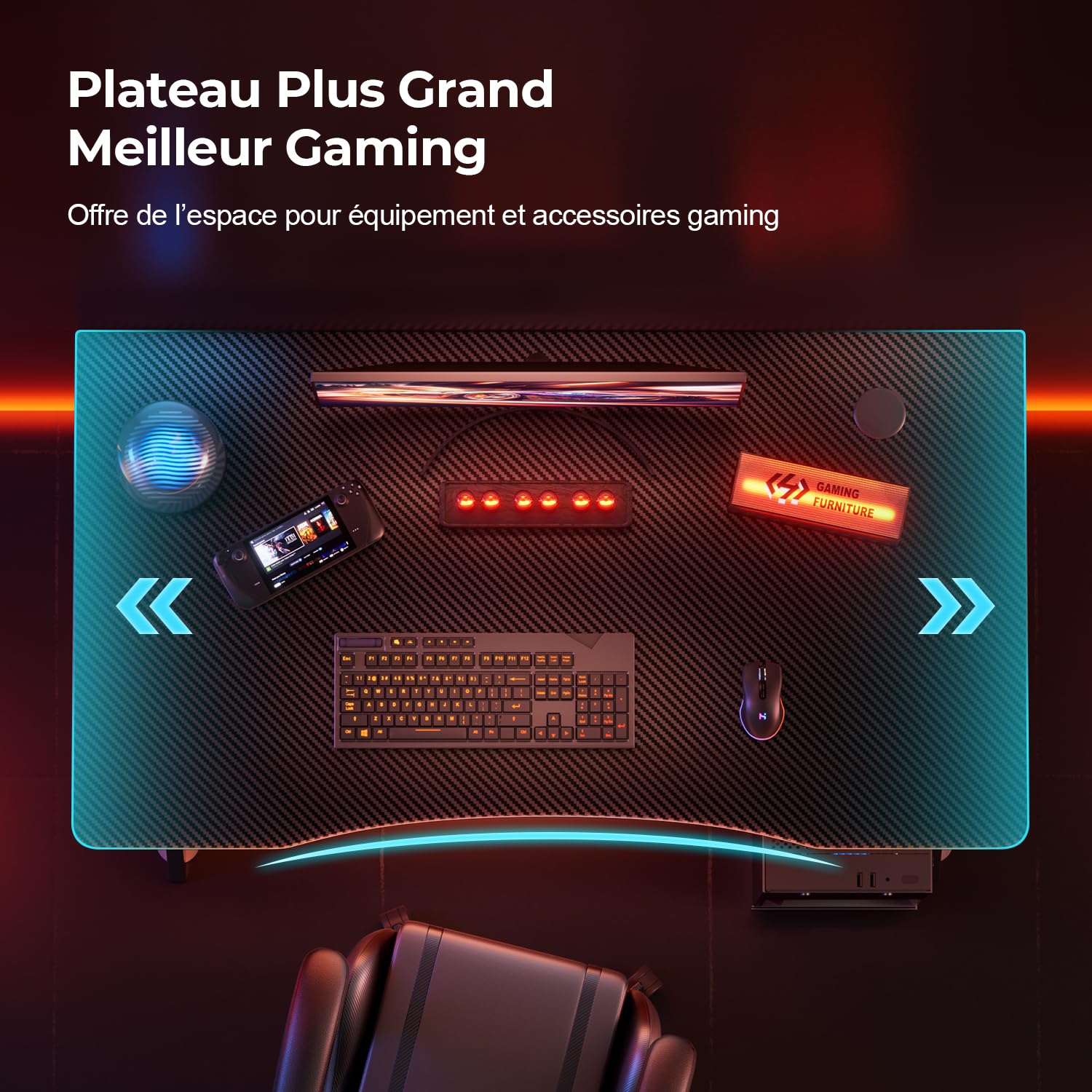 HLONONE Bureau Gaming, 100 x 50 cm Plateau Monobloc, Fibre de Carbone, Noir
