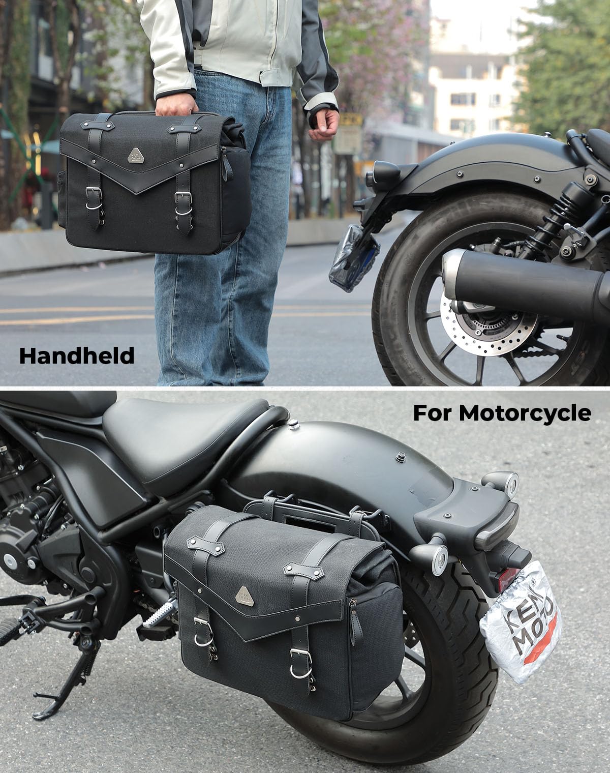 KEMIMOTO Motorrad Hecktasche Wasserdicht, Motorrad Tasche Ölgewachstes Canvas Leder, Universal Einzelseitige Tasche, Satteltasche Kompatibel mit Softail Dyna Sportster Cruiser (15L)