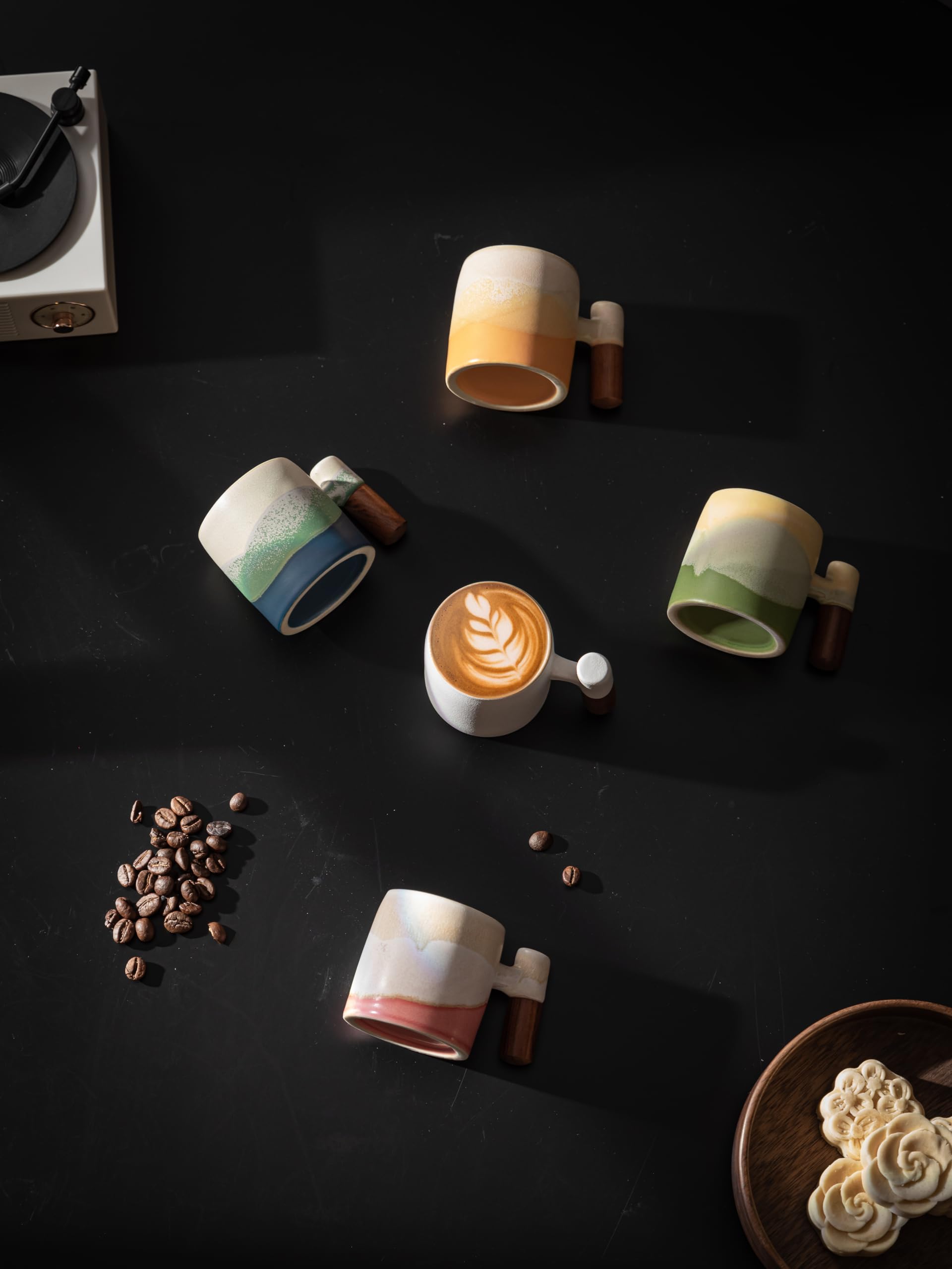 Tazas de café expreso de cerámica de 2 onzas con mango de madera, juego de 2/4 piezas para café, té, café con leche, aptas para lavavajillas, multicolor y estilos de madera, regalo y café