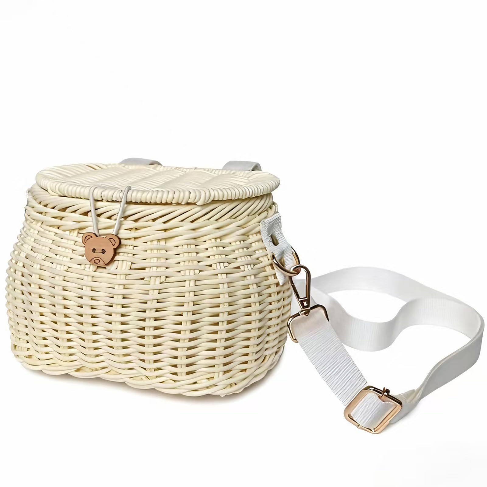 SVNR Panier de vélo pour enfants, panier de vélo avant pour garçons et filles, sac à dos tissé à la main avec couvercle, bandoulière et paniers de guidon avant en rotin, beige