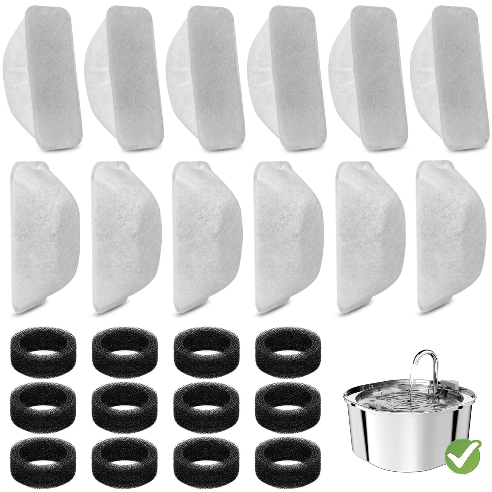 24 filtros de Fuente de Agua para Gatos de Repuesto para Fuente de Agua para Mascotas de 100 onzas/3.2 L y 84 onzas/2.5 L, Incluye 12 filtros de Fuente de Agua para Gatos y 12 esponjas de Filtro de