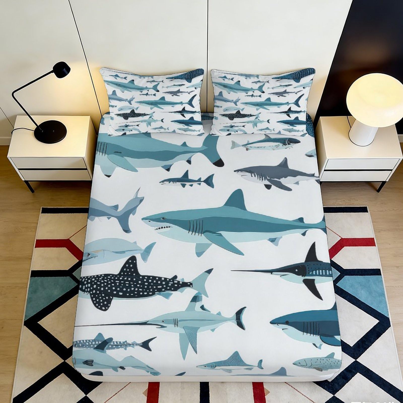 3D Printed Shark Pattern Fitted Sheet Microfiber Soft Breathable Ocean Design Mattress Cover for Bedroom Dormitory Guest Room Protection Decor 90x200x25cm