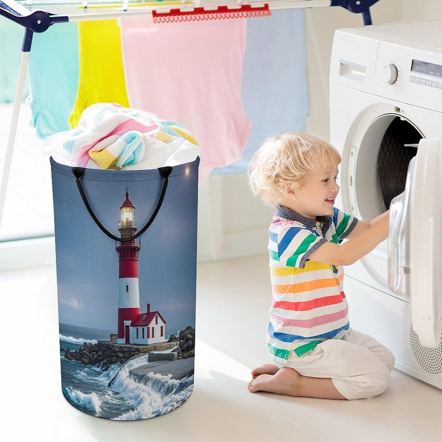 Lighthouse Ocean Laundry Basket 86L Laundry Hamper | Collapsible Clothes Hamper with Reinforced Handles Waterproof Tall Foldable Dirty Clothes Basket for Hotel, Home, Closet